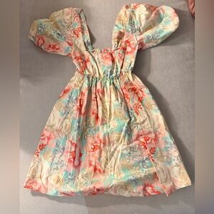 Show me Your MuMu Puff Sleeve Mini Dress in Coral, Aqua & Cream